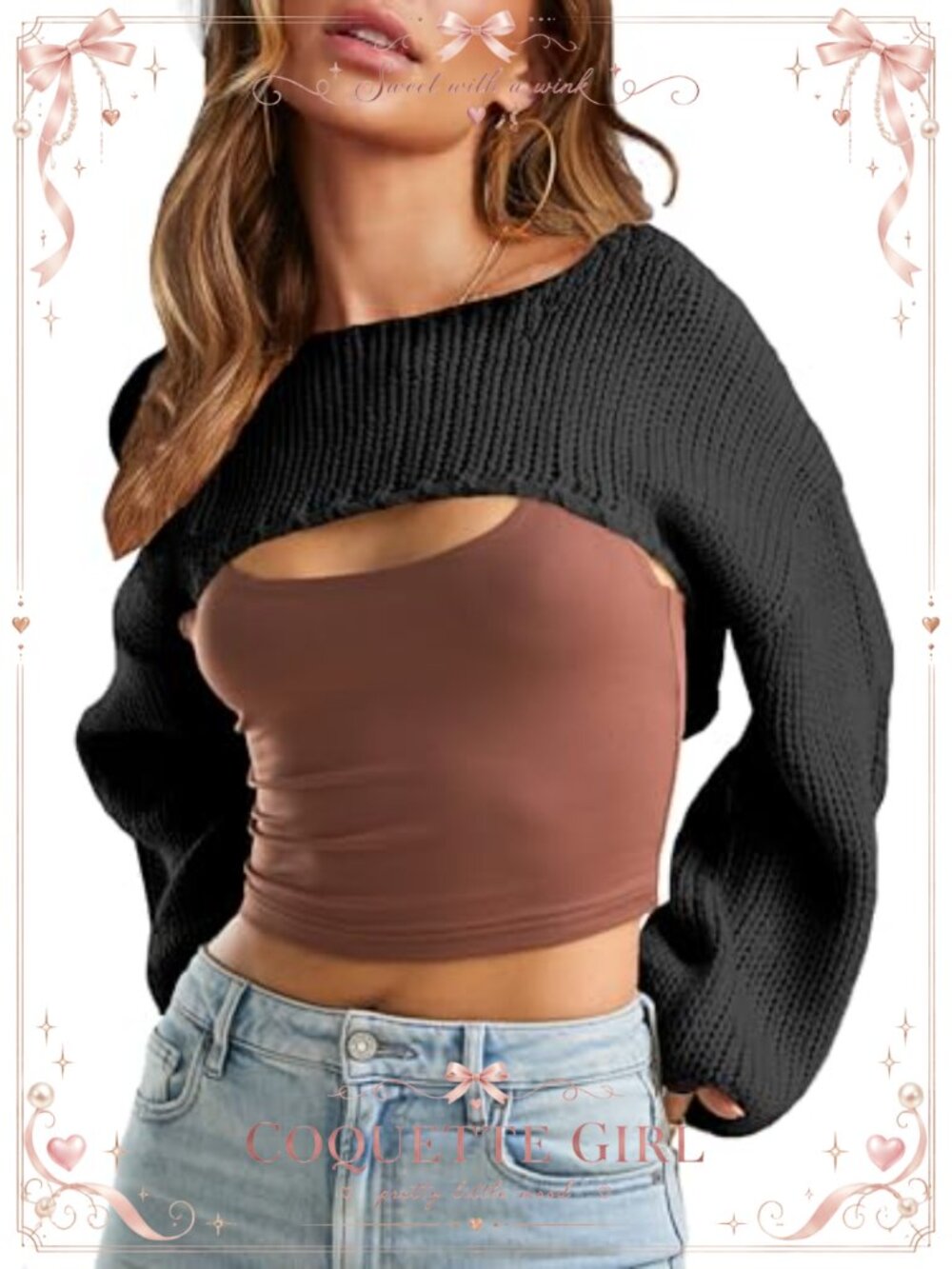 Womens Crochet Knit Bolero Shrug Cropped Sweater Long Sleeve Pullover